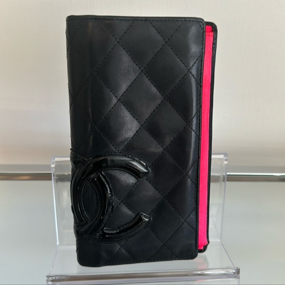 Chanel Black Quilted Lambskin Ligne Cambon Vertical Wallet with Pink Interior